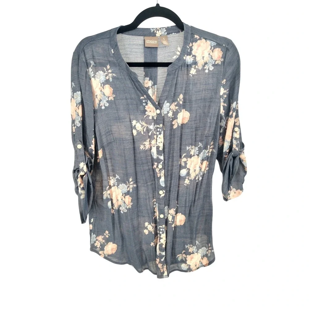 Chico's Blouse Top 1 M Floral Print Button Front‎ Tab Sleeve Boho Blue Peach